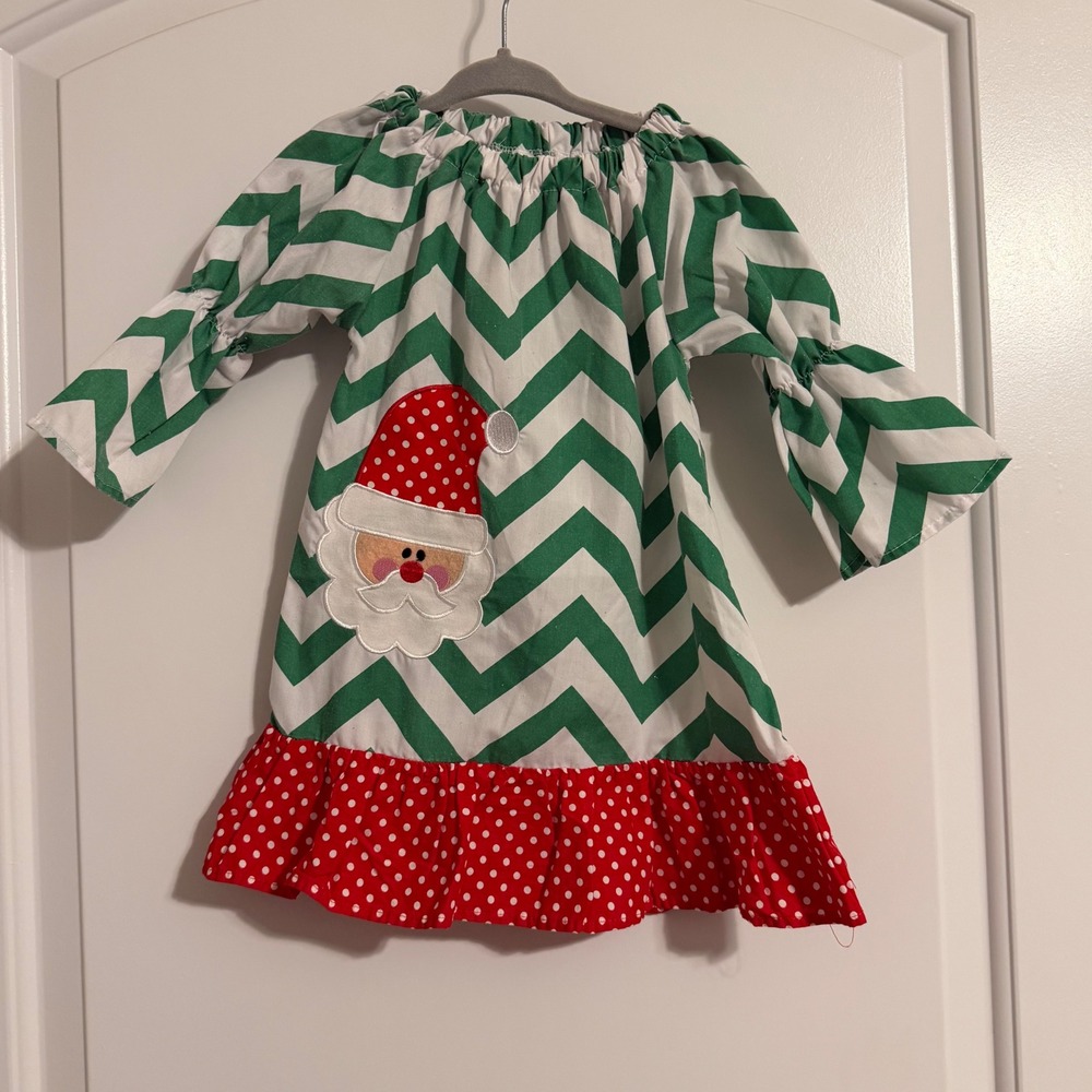 Girls Christmas Santa Chevron Dress Cotton with Headband Green Red White XS